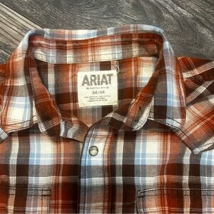 Ariat Men's Medium Pearl Snap Brown Rust Plaid Shirt Long Sleeve
